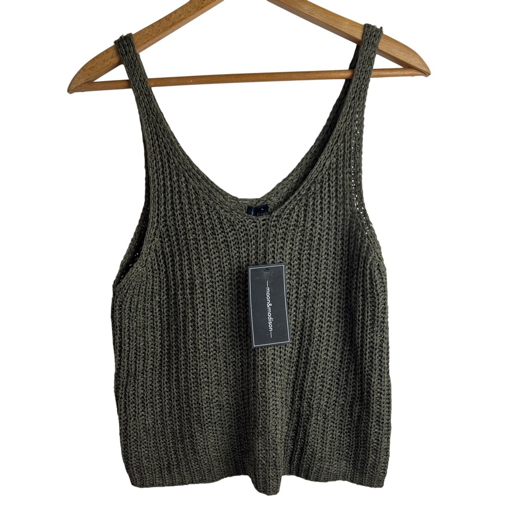 NWT‎ Moon & Madison Womens Knit Tank Sz L Olive Crochet Boho Sheer Chic Preppy